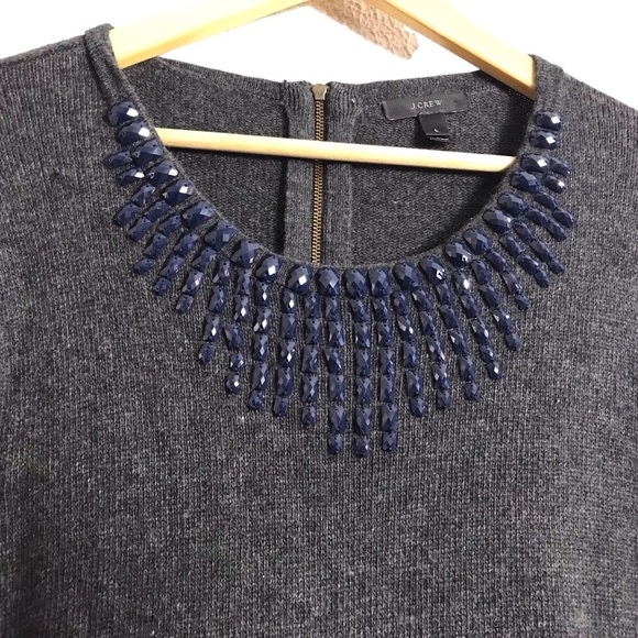 J Crew Large Gray Navy Wool Blend Jeweled-starburst‎ Sparkle Sweater Holiday - Picture 4 of 10